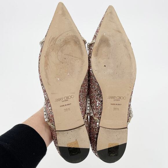 Jimmy Choo Rose Gold Genevi Coarse Glitter Crystal Pointed Toe Flat size IT 39.5 - Picture 11 of 13
